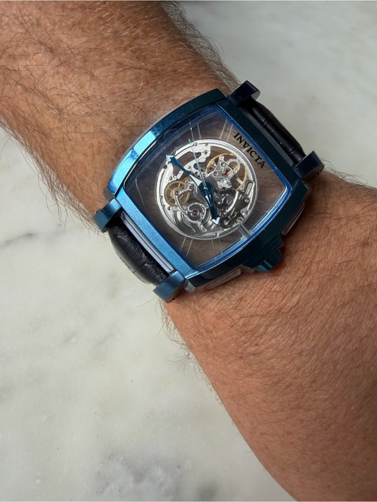 Invicta Other - Invicta Men's Blue-Tone Skeleton Dial Automatic Watch with Black Leather Strap
